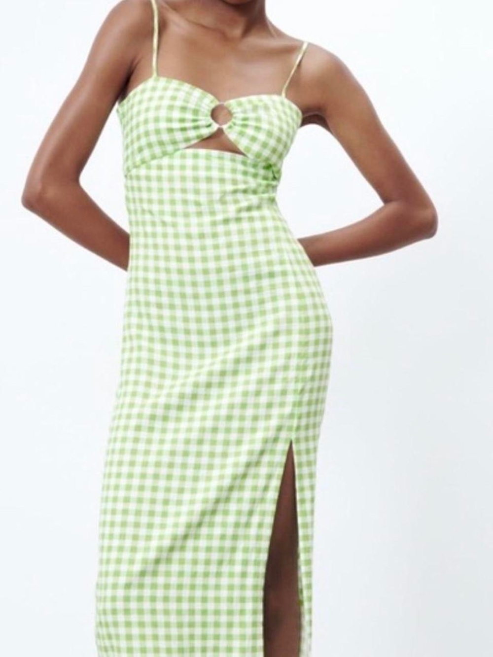 Zara Light Green Gingham Midi Dress with Front Cutout